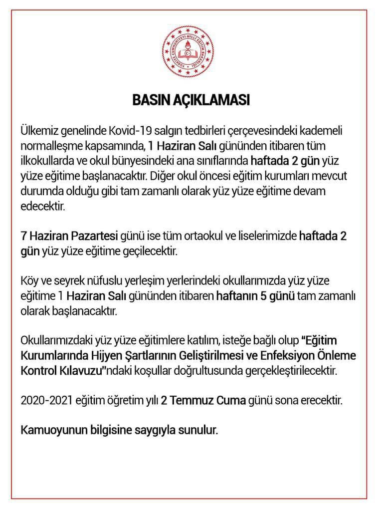 MEB'den yüz yüze eğitim açıklaması