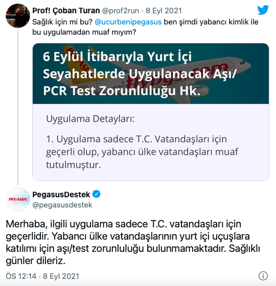 Pegasus: PCR zorunluluğu sadece Türk vatandaşları için gerekli