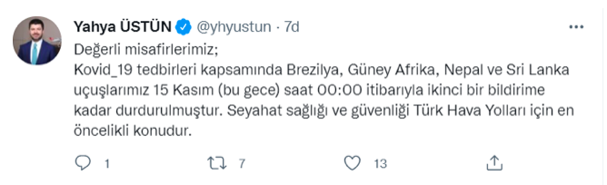 THY Basın Müşaviri '4 ülkeye uçuşları durdurma' paylaşımı sildi