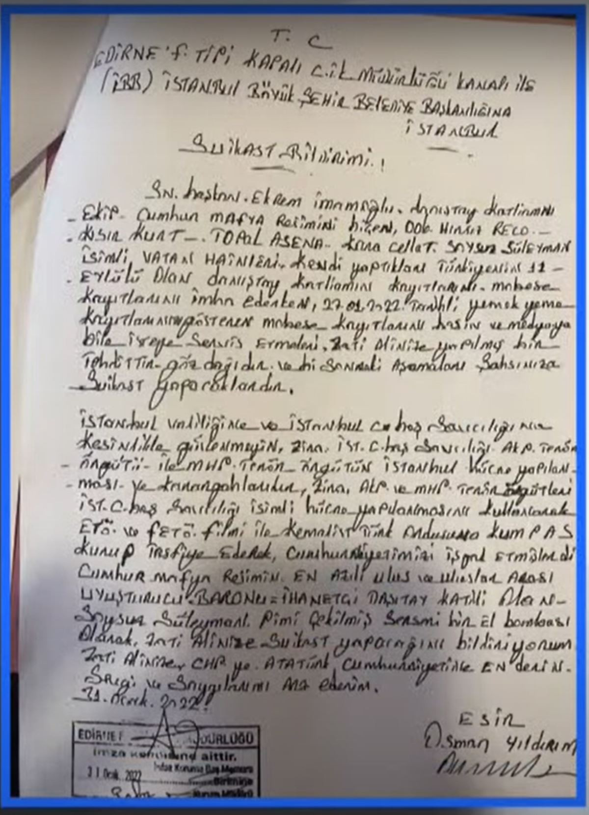 Mektup ortaya çıktı: 'İmamoğlu'na suikast' ihbarı | soL haber