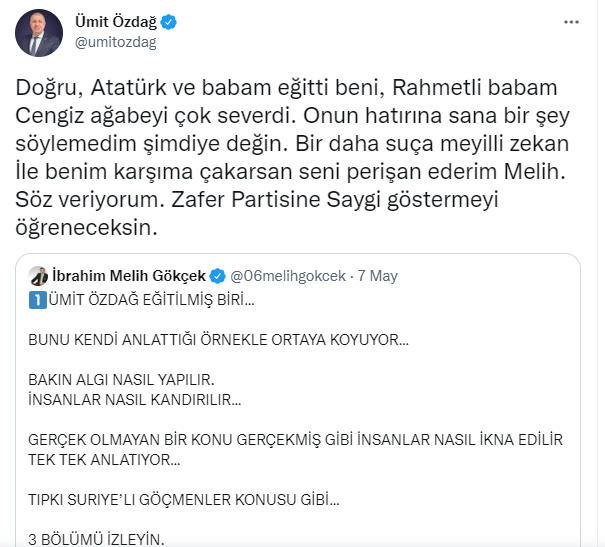 Özdağ'dan Gökçek'e: Seni perişan ederim