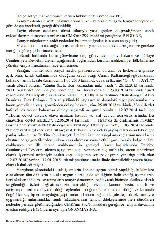 Yargıtay'ın Kaftancıoğlu kararının tam metni