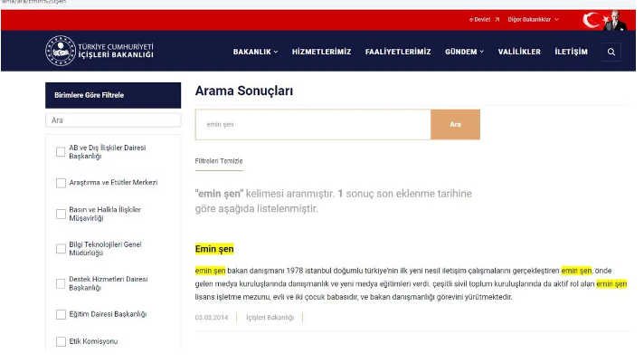 İçişleri'nin 'reddettiği' Emin Şen, 'danışman' sıfatıyla bakanlığın internet sitesinde