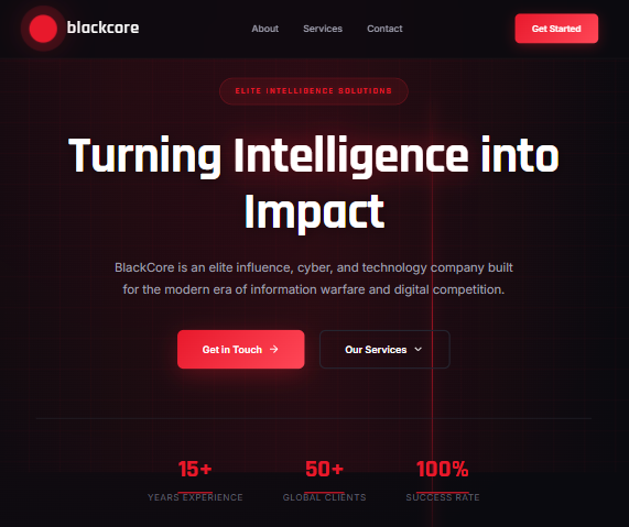 BlackCore'un artık faaliyette olmayan web sitesinden bir ekran görüntüsü.