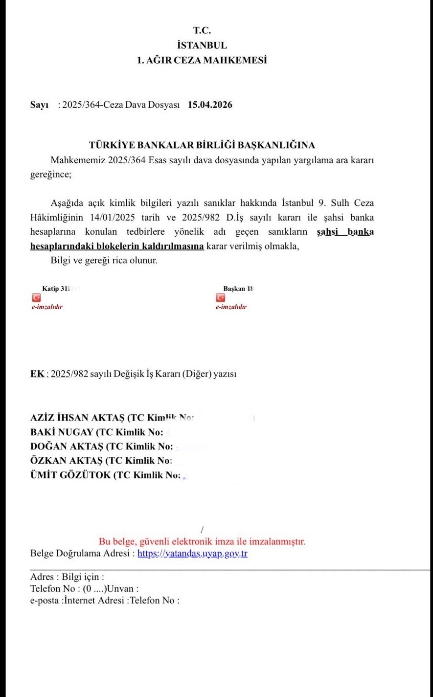 Aziz İhsan Aktaş’ın banka hesaplarındaki bloke kaldırıldı