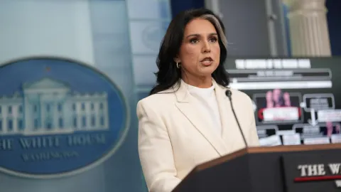 Tulsi Gabbard'ın ABD'nin küresel biyoloji laboratuvarı ağını ifşa ettiğine dair haber görseli.