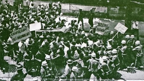 15-16 Haziran 1970 işçi direnişinden bir kesit, işçilerin yürüyüşünü gösteriyor.
