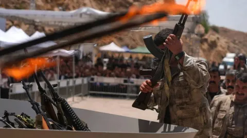PKK üyelerinin silah yaktığı törenin birinci yıl dönümü hakkında açıklama yapıldığı görsel.