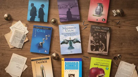 Ömer Ülkenciler'in tasarladığı kitap kapakları ve kendisinin stüdyosunda çekilmiş fotoğrafları