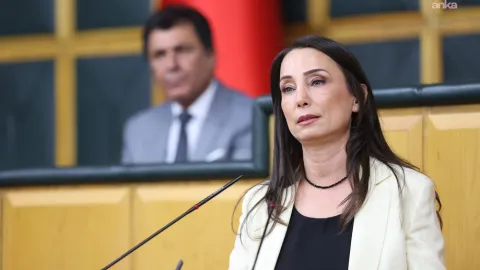 DEM Parti Eş Genel Başkanı Tülay Hatimoğulları konuşma yaparken